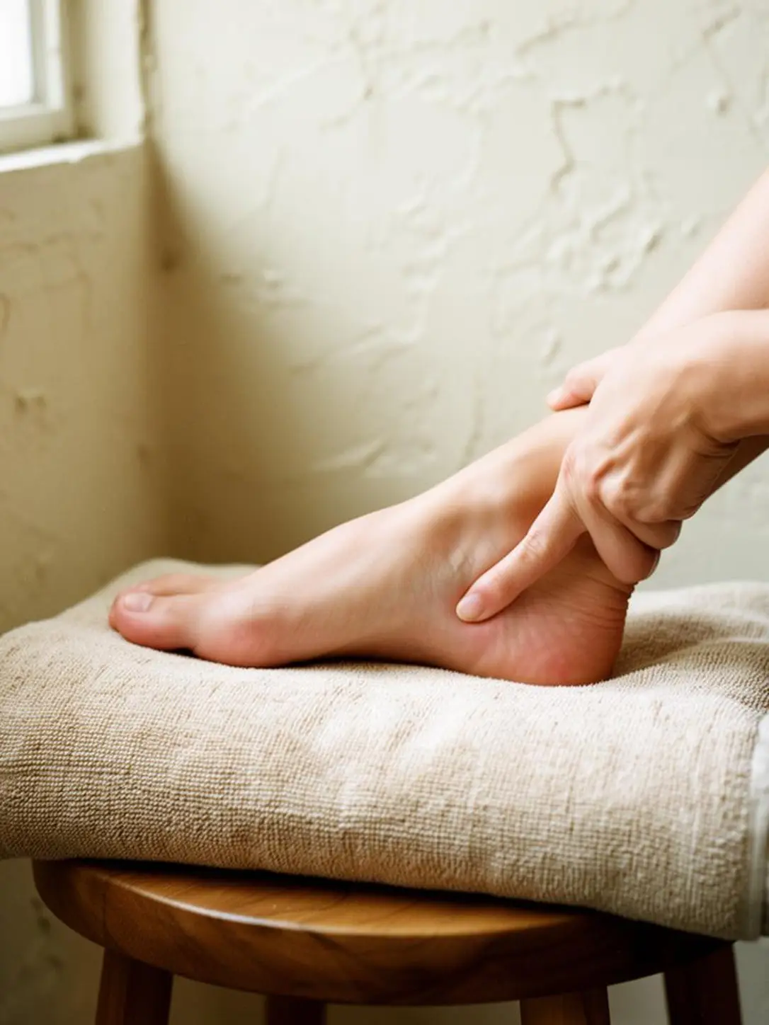Close-up of reflexology pressure applied along the arch of a bare foot resting on a folded towel